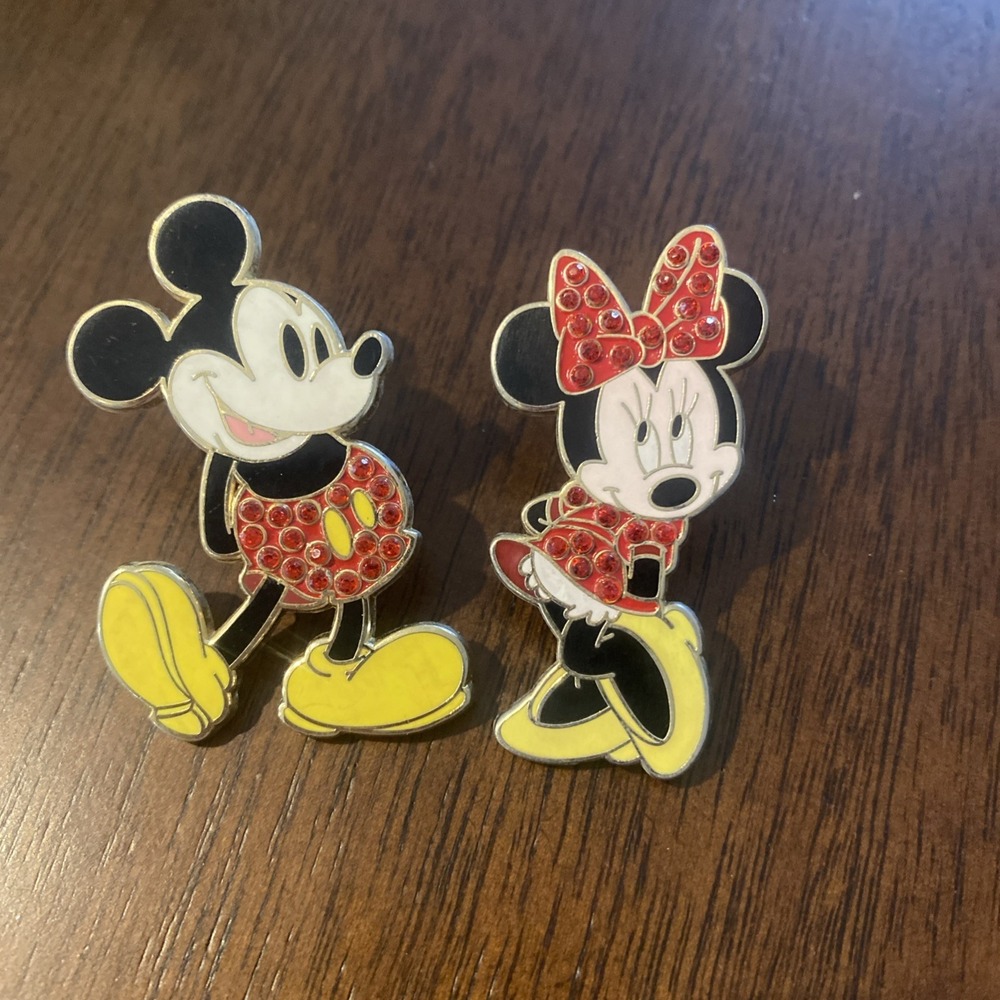 Disney Mickey and Minnie Mouse Pins 2008 Locking Back Rhinestone Red Enamel Set